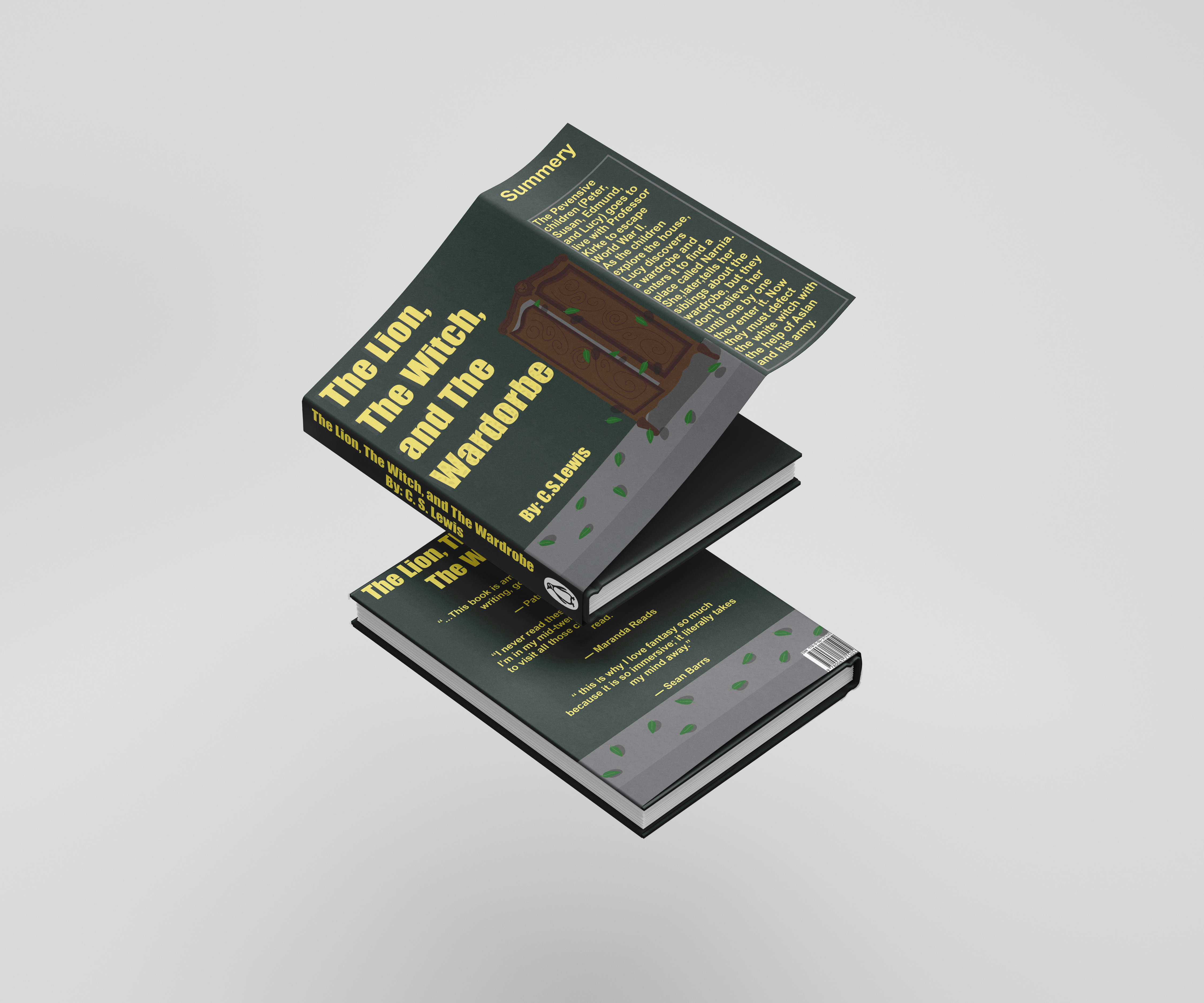  dark green background with bright yellow text of the lion the witch and tTthe wardobe by c s  lewis on it with a wardobe slightly open with leaves coming out of it on the book cover