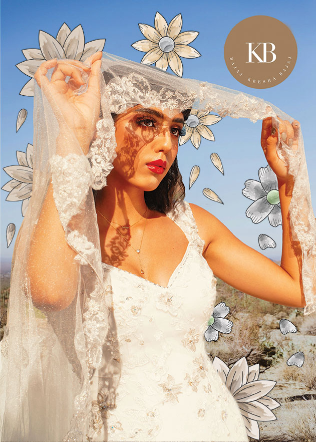 A bride in the desert with different sketches of flowers in the background