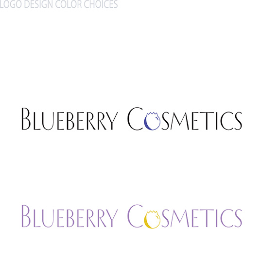an image of a logo design of a black font of blueberry cosmetics with a blue blueberry as the o and a lavender font of blueberry cosmetics with a gold blueberry