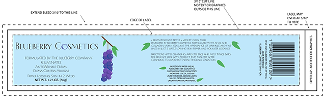 A cyan label from blueberry cosmetics for anti wrinkle cream with blueberries dangling from a branch and leaves spread across the label